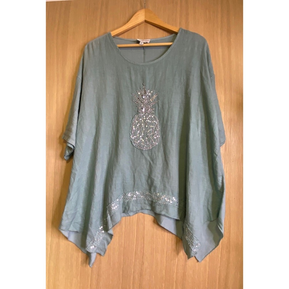 Belle France Women M Linen Top Sage Green Sequin Pineapple Sharkbite Hem Italy